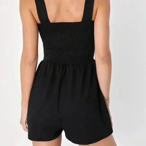 Lulus Social Calendar Black Ribbed Knit Smocked Romper L - Picture 6 of 7